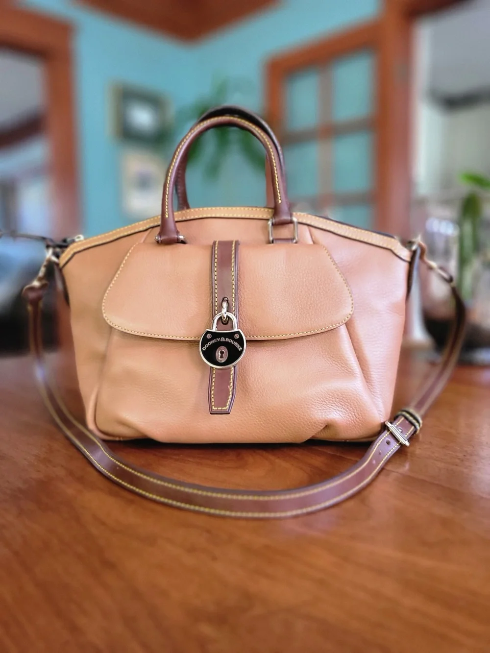Dooney & Bourke Samba Pebbled Leather Satchel • Natural/Chestnut Crossbody